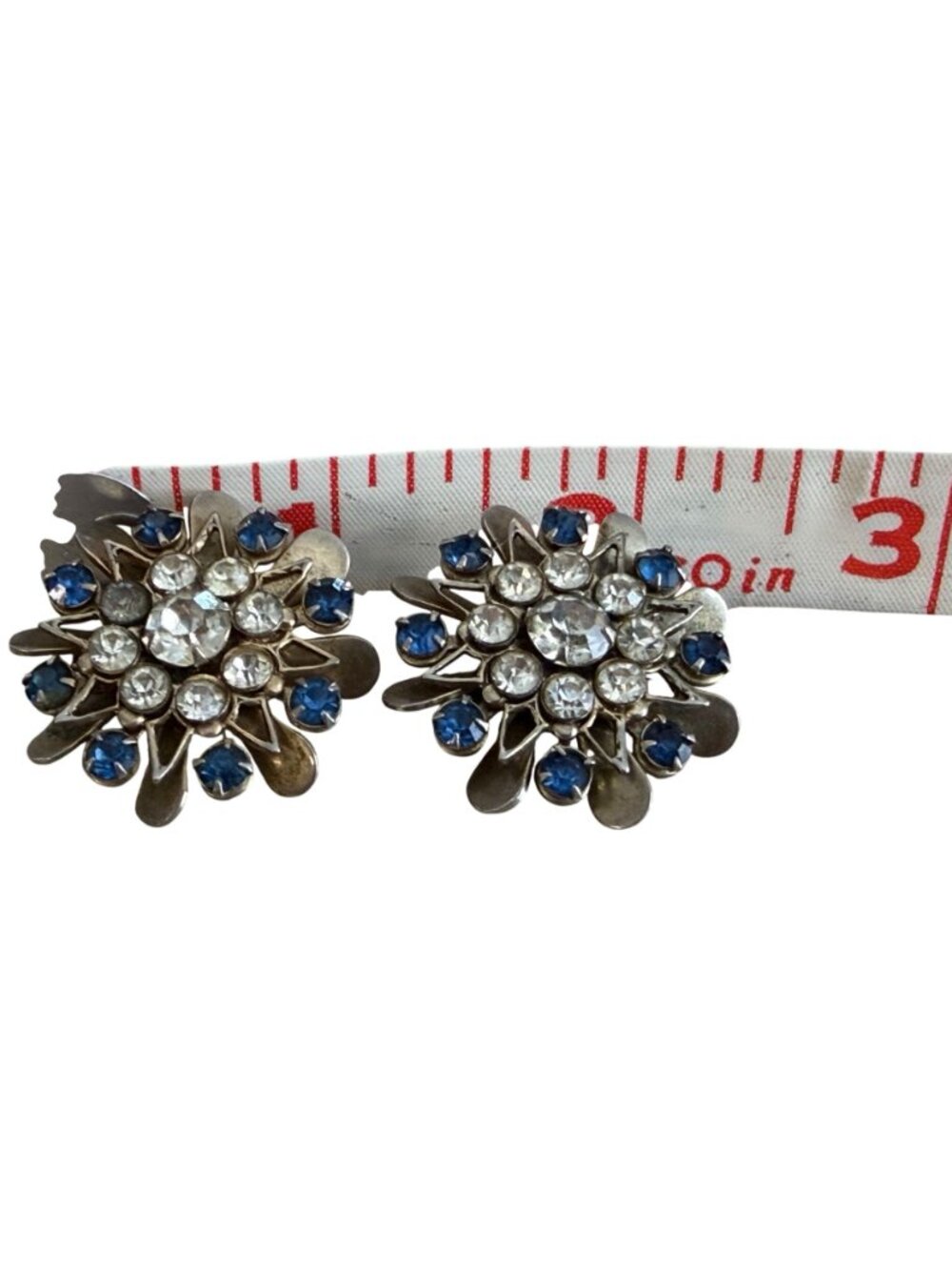 Vintage Set 2 Flower Blue Clear Rhinestones Brooches Silver Tone Matching 1.25" - Picture 3 of 6